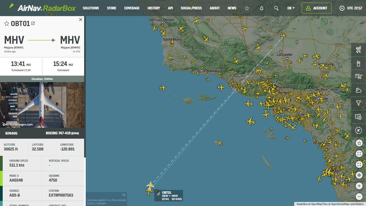 AirNavRadar's tweet photo. ✈️:@VirginOrbit's Boeing 747 'Cosmic Girl' is returning to Mojave Air &amp; Space Port following the successful drop. 🚀

Track #OBT01 on #RadarBox: 
https://t.co/zSQnMRBaw0

#VirginOrbit #AboveTheClouds #CosmicGirl https://t.co/jj2OApBkkS