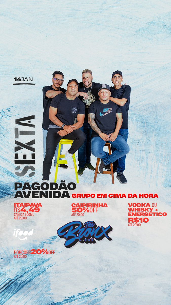 TheBronxPub's tweet photo. PRIMEIRÃO PAGODE AVENIDA!💥 SEXTA—FIRE!💥🔥
Avenida on fire nessa sexta com @emcimadahoragr! Bóra pra esse rolê? 

🍺 CANECA ITAIPAVA R$4,49 300ml até 20:00
🍟 PORÇÕES 20%OFF até 20:00
🔴 VODKA ou WHISKY + ENERNÉTICO R$10 até 20:00

🚀 #vemprotheBRONX #paranagua🔥 #pagodeavenida https://t.co/9KbzJw3c0f