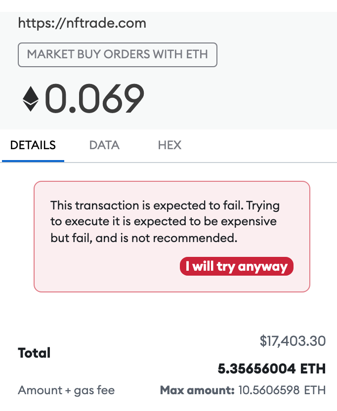 Cryptobubs2's tweet photo. This week, I've run into a LOT of bait and switch purchase scams. You're about to buy an #NFT for like 0.06 ETH and as you're finalizing the txn, the gas fee is quickly swapped for multiple #ETH, ready to drain your ENTIRE wallet. Stay very alert and safe #cryptocommunity https://t.co/OnzO0DjHr6