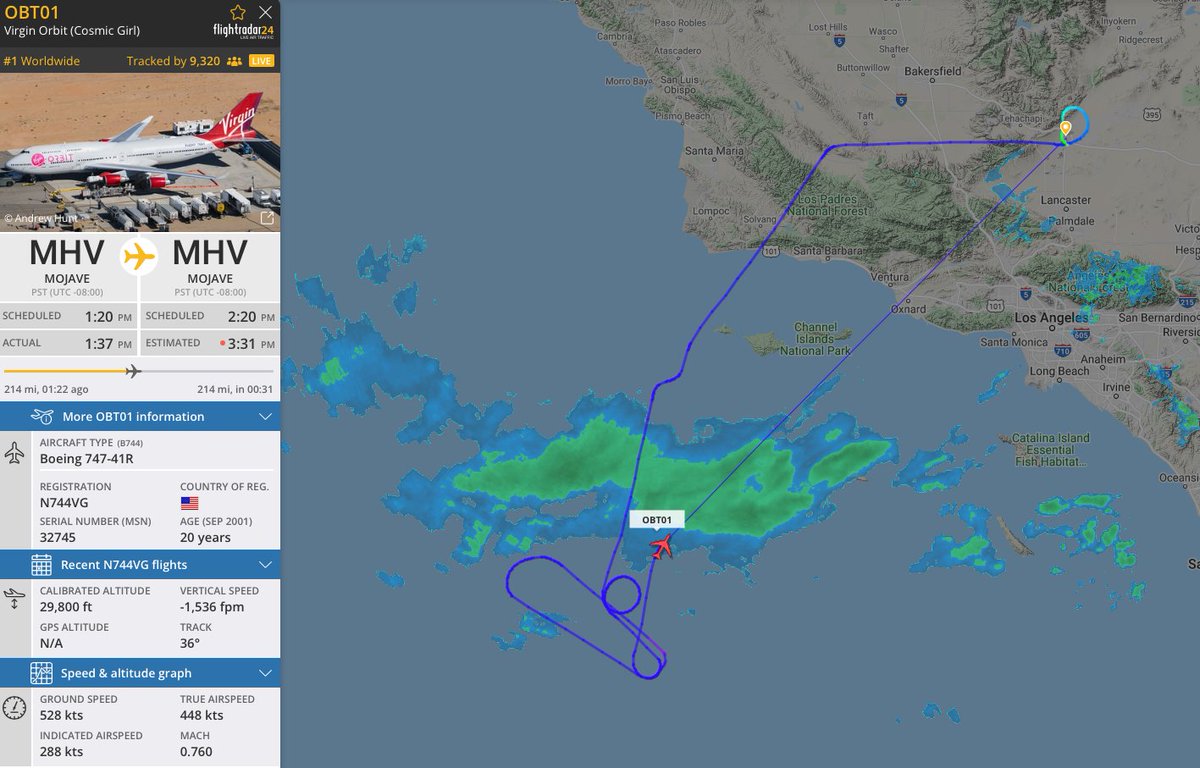 FandaAviation's tweet photo. Live: @VirginOrbit Cosmic Girl has dropped LauncherOne on their #AboveTheClouds mission, and the engine has ignited! #AvGeek 
Live stream: https://t.co/cYa2JyyMem
Track on @flightradar24: https://t.co/3TIaJ5GKWV https://t.co/EbQv7lzbYi
