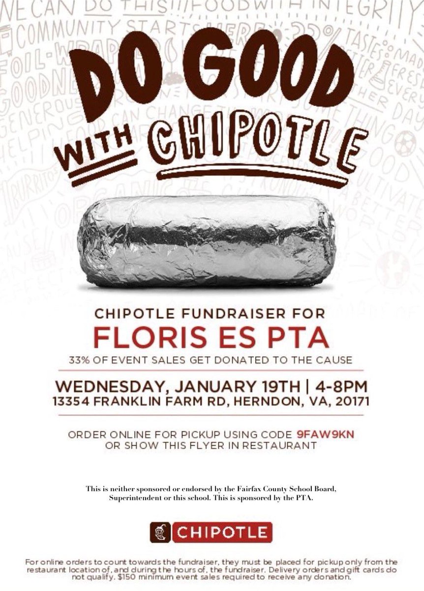 Floris ES PTA (@florispta) on Twitter photo Franklin Farms Chipotle Floris Spirit Night 1 Week Away!
Taco-about saving time during busy week! Get curbside with online order next Wed, Jan 19th between 4-8 pm, then hop on zoom Floris PTA call to learn what’s new with Floris PTA. Online ordering code is: 9FAW9KN <a href="/FlorisSchool/">Floris Elementary</a> Franklin Farms Chipotle Floris Spirit Night 1 Week Away!
Taco-about saving time during busy week! Get curbside with online order next Wed, Jan 19th between 4-8 pm, then hop on zoom Floris PTA call to learn what’s new with Floris PTA. Online ordering code is: 9FAW9KN <a href="/FlorisSchool/">Floris Elementary</a>