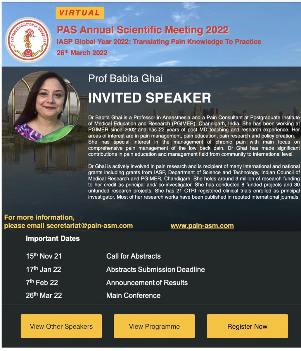 PASpainsg's tweet photo. Good morning and excited to next speaker- @ghai_babita , Professor of Anaesthesia, PGI Chandigarh. She will be presenting on “Challenges of Back pain research in India- from bench to Bedside”. She is internationally recognised for her work, both in hospital and Pain policy. https://t.co/Lpbc3scQgN
