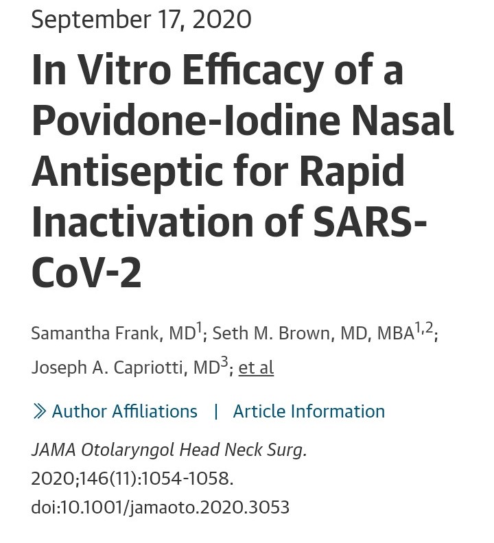 ncio_canada's tweet photo. Active ingredient in readily available nasal spray Betadine™ (0.45% Povidone Iodine ) extremely effective at inactivating SARS-CoV-2

"complete inactivation of SARS-CoV-2 by concentrations of PVP-I nasal antiseptic as low as 0.5% after 15 seconds"

https://t.co/kEj5hckdLN https://t.co/FViRWDyo78