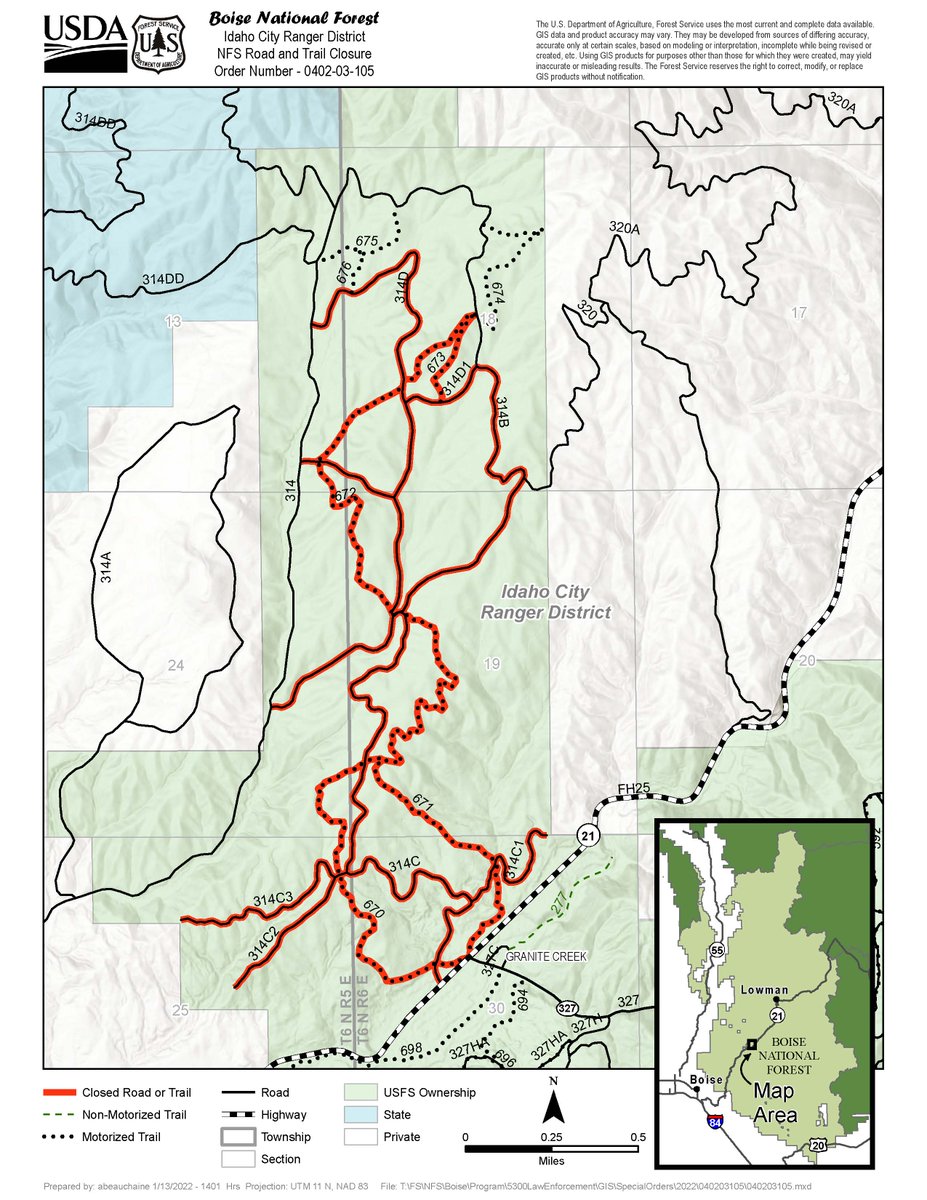 The Idaho City RD has a temporary closure in the Bear Run area for public safety during active timber harvest operations on the Bear Run Timber Sale from Jan. 12-March 15, 2022. View the Closure &amp; Map on the Boise National Forest Alerts &amp; Notices page: 
fs.usda.gov/alerts/boise/a…