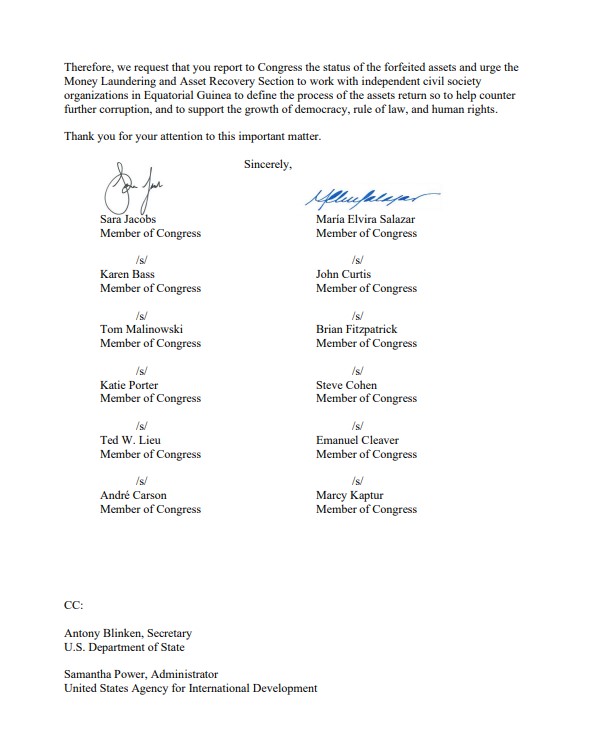 For too long, corrupt officials in Equatorial Guinea have enriched themselves at the expense of the people. That’s why I sent a letter w/ <a href="/RepMariaSalazar/">Rep. María Elvira Salazar</a> and colleagues urging DOJ to share its plan to repatriate assets stolen by Nguema Obiang to the people of Equatorial Guinea.