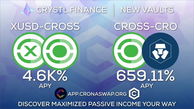 🆕Agrega dos NUEVOS #Vault en Crystl Finance🤩
🚀Con @avtoCROSS,uno de los principales protocolos AMM de intercambio estable en #Cronos

🚜Stakea y Auto-Compone
📌 $XUSD 💵- $CRUZ 🟢
📌 $CRUZ 🟢 - #CRO

💎Descubre los ingresos pasivos maximizados a TU manera❤️
#DeFi