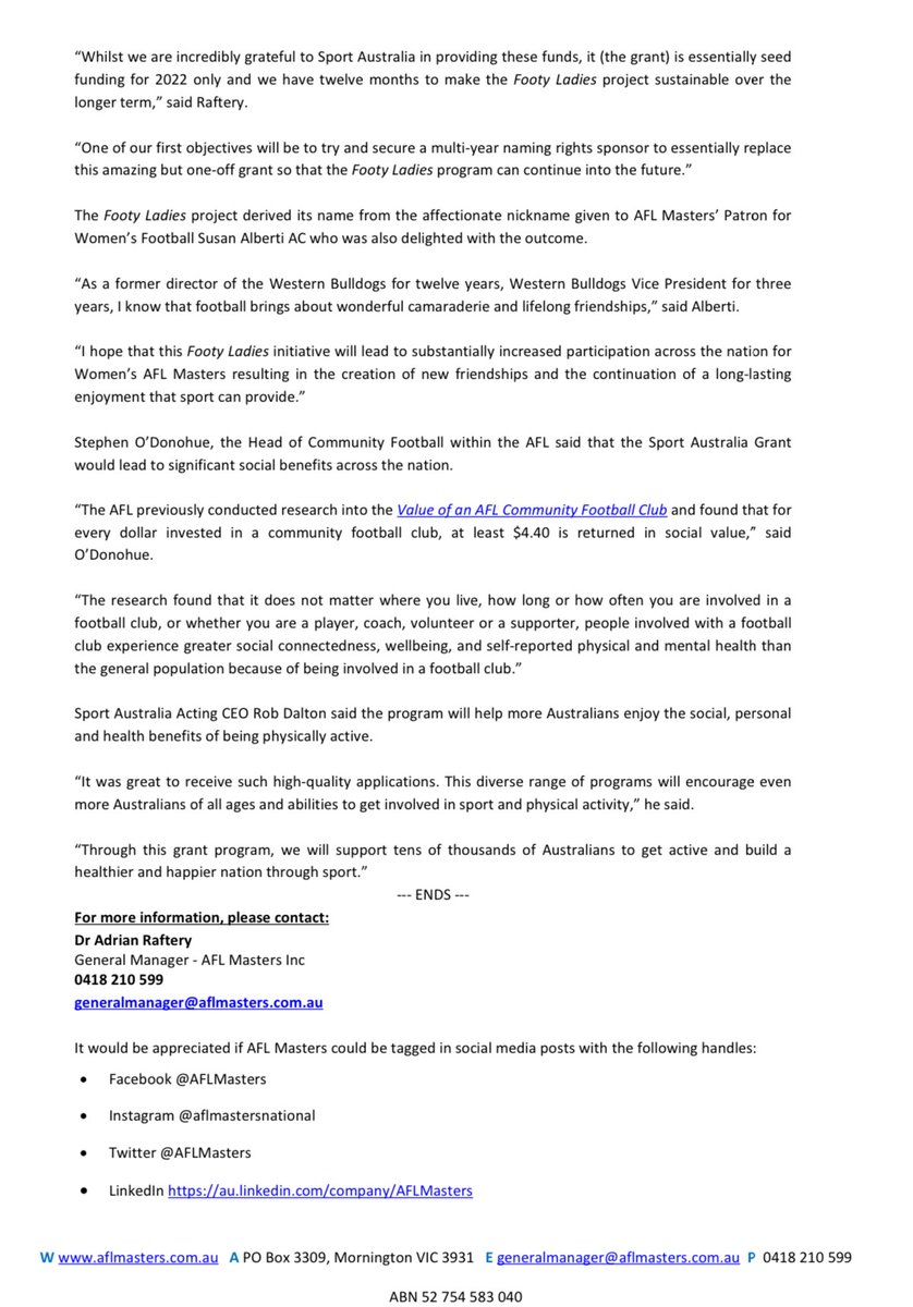 AFLMasters's tweet photo. In a major boost for the growth of women’s footy across the nation, AFL Masters is the proud recipient of a $275,000 grant in the latest round of funding announced earlier this month by @sportaustralia
@afl @aflw @SusanAlberti1 #footyforfun https://t.co/T201GfJS4v