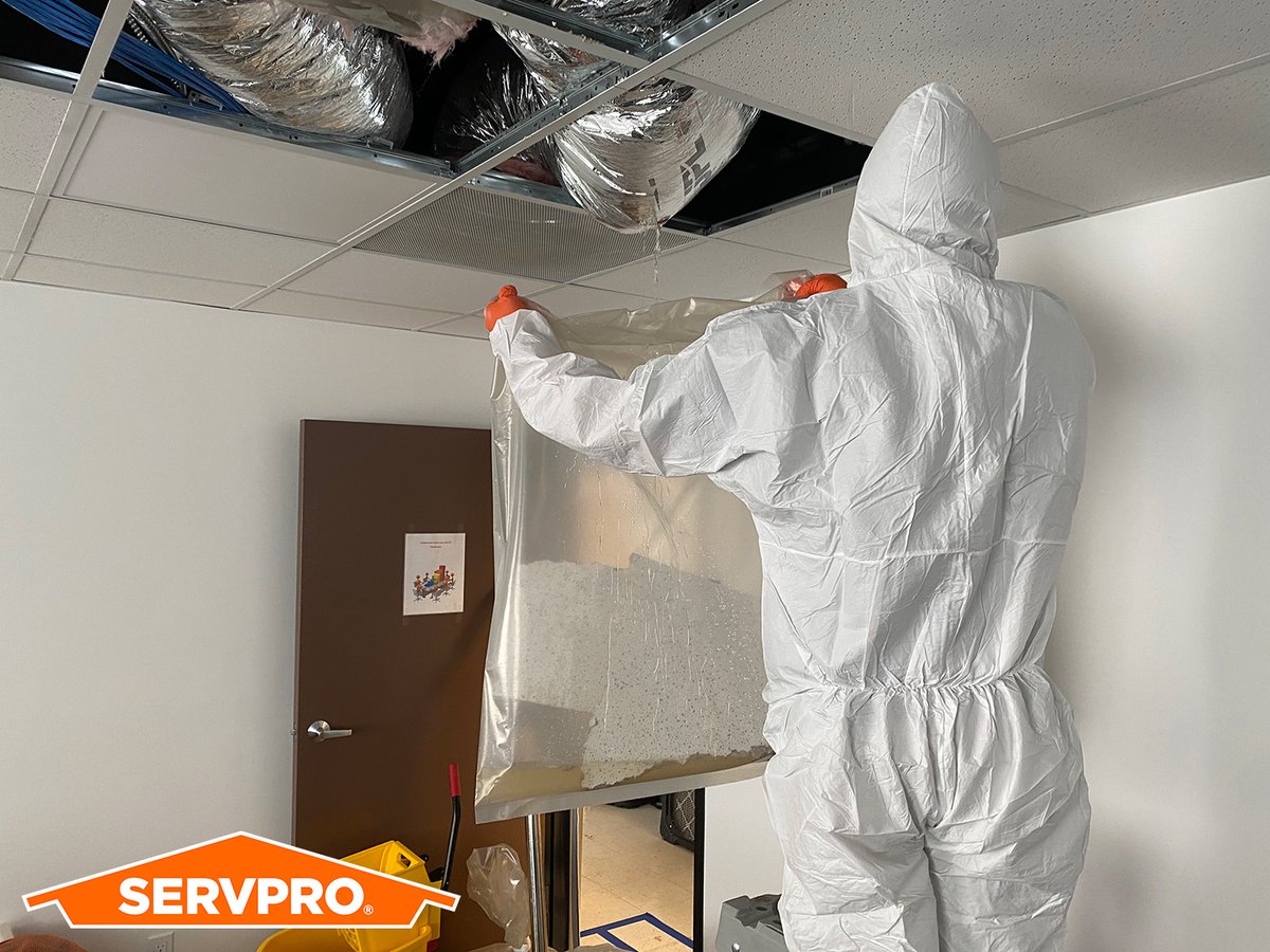 Sometimes a loss will continue to affect a property even after the call comes in and we arrive onsite. Once the water stopped we were able to remediate the affected material: removing the collapsed ceiling tiles and disturbed insulation, and extract the remaining standing water.