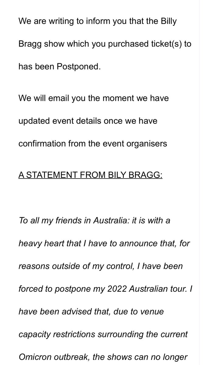 Postponed yet again! Kinda new it was coming. Fingers crossed for 2023 <a href="/billybragg/">Billy Bragg</a>