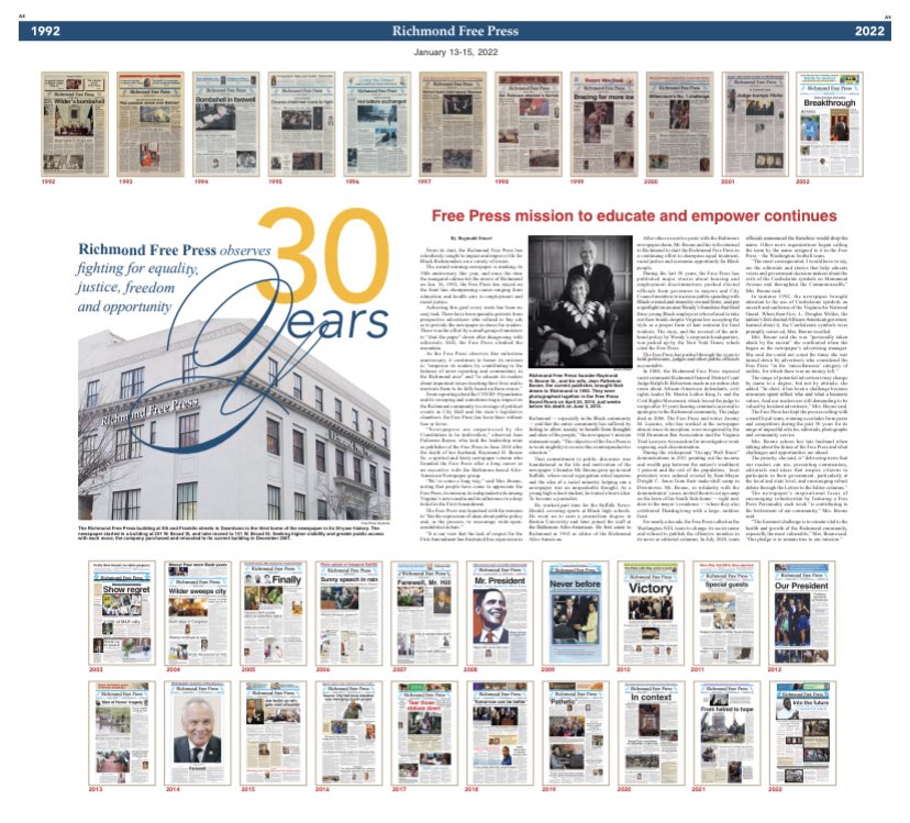 FreePressRVA's tweet photo. We are observing 30 years of fighting for equality, justice, freedom and opportunity. Our mission to educate and to empower continues today. Happy Birthday to Us! Thank you to our loyal readers! Be sure to pick up a copy on stands, in boxes or read online. #BlackPress #RVA #RFP https://t.co/tvJ4EDYO4g