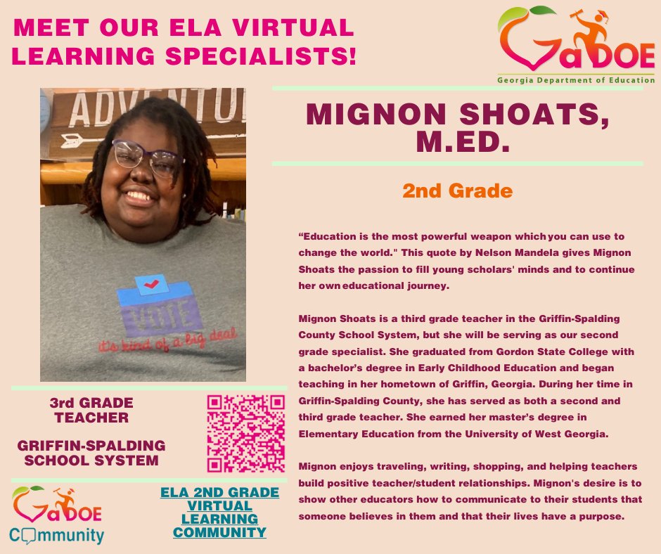 GaDOEELA's tweet photo. Please join us in welcoming Mignon Shoats as the Virtual Learning Community leader for our second grade ELA group!
Join our second grade group in GaDOE Community at https://t.co/ouMCLQbU7y!
#GaDOEELA #EducatingGAsFuture #GetGAReading #GATeacherResources @educatorshoats https://t.co/UoUs7YyCoj