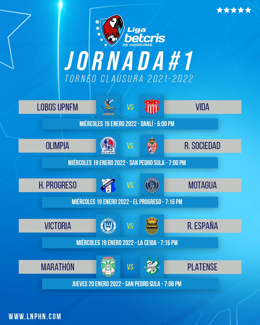 Liga Betcris de Honduras Twitter: "¡JORNADA 1!⚽🔥 Los juegos de la del #TorneoClausura 2021-2022 de la #LigaBetcrisHonduras con los horarios oficiales. #LigaBetcrisHonduras #SomosBetcris https://t.co/YQuiMsnjsH" / Twitter
