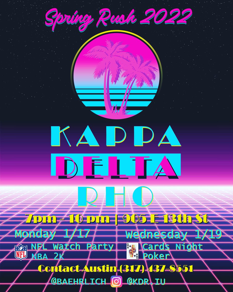 Come out to our Spring 2022 Rush events on January 17th and 19th from 7-10PM. They will be hosted @ 905 E 13th St. Contact Austin with any questions.