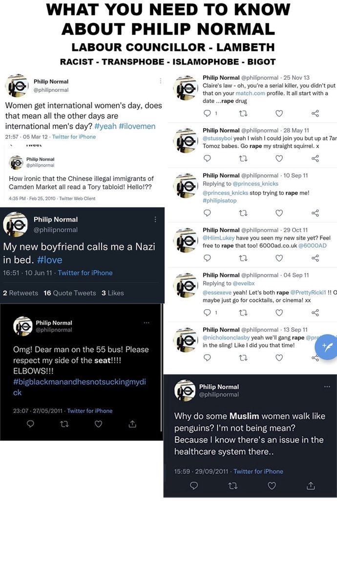 Manzi_X's tweet photo. @stephenhealy @alexander_olly Context ?
#PhilipNormal repeatedly made racist, islamaphobic, transphobic remarks about black peoples, Muslims, Arabians …
He also comments about “chavs” - apparently there’s a “right type and wrong type” of chav!
And the list goes on!
What other info do you need?
🤷🏾♂️⬇️⬇️ https://t.co/sWAs3skFmV