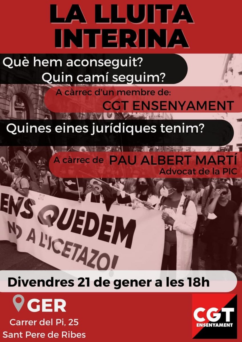 CGTEnsenyament's tweet photo. XERRADA - COL·LOQUI sobre la #LluitaInterina!. ✊🏽 Amb @Necrain i @pauamarti 

Què hem aconseguit? Quin camí seguim? Quines eines jurídiques tenim?

📅 AVUI - 18h
📍 GER de Ribes

#CapInterinaalCarrer #LesQueHiSomEnsQuedem #AturemOPOS https://t.co/yaZE8zTpBW