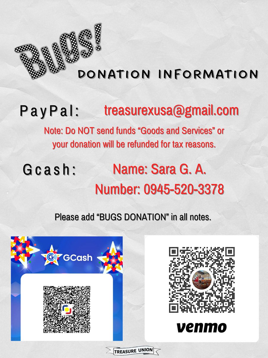 [TREASURE UNION BUGS]

We are now accepting donations for Bugs project. Please take note of the important reminders before you send your donations. For other local donations, coordinate with <a href="/TreasureFunds/">TREASURE FUNDS</a> for assistance.

Please help share.