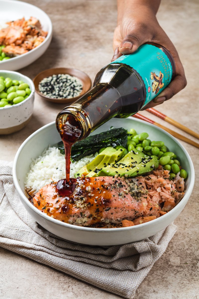 When leftover salmon goes TikTok viral, we level it up with our Spicy Ginger Teriyaki Sauce 💥The final Salmon &amp; Rice Bowl is a mix of ingredients that are fun to get creative with incl rice, salmon, siracha, soy sauce, shredded seaweed strips, and avocado #Genius