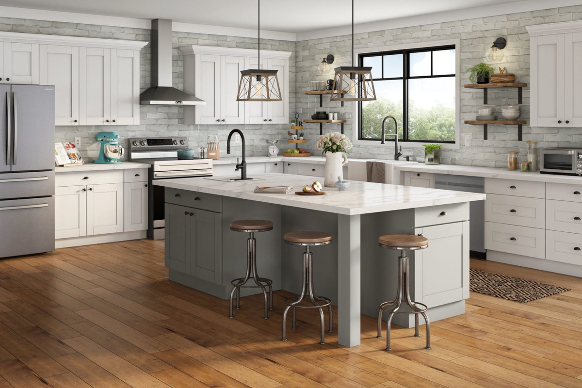 HomeDepot's tweet image. Take a seat at the kitchen of your dreams! This farmhouse-style space has it all from warm wood floors to textured walls. Refresh your kitchen now: thd.co/3t7HvPs
