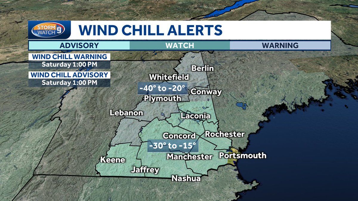 WMUR9's tweet photo. Dangerously low wind chills heading back to NH. Warnings and advisories kick in Friday Evening and run into early pm on Saturday. #dangerouslycold #arctic #bittercold #nhwx via @MikeHaddadWMUR https://t.co/YIkrdgh2uO