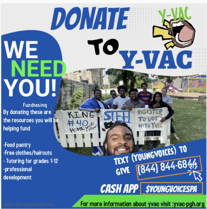 Help YVAC as we continue to share space, and make change across low-income  communities.  We seek to meet basic needs for the youth who engage with our program. So to donate please click the link in the bio or donate to our cashapp $youngvoicesPA , 🤗like,share &amp; repost!!✊🏾‼️