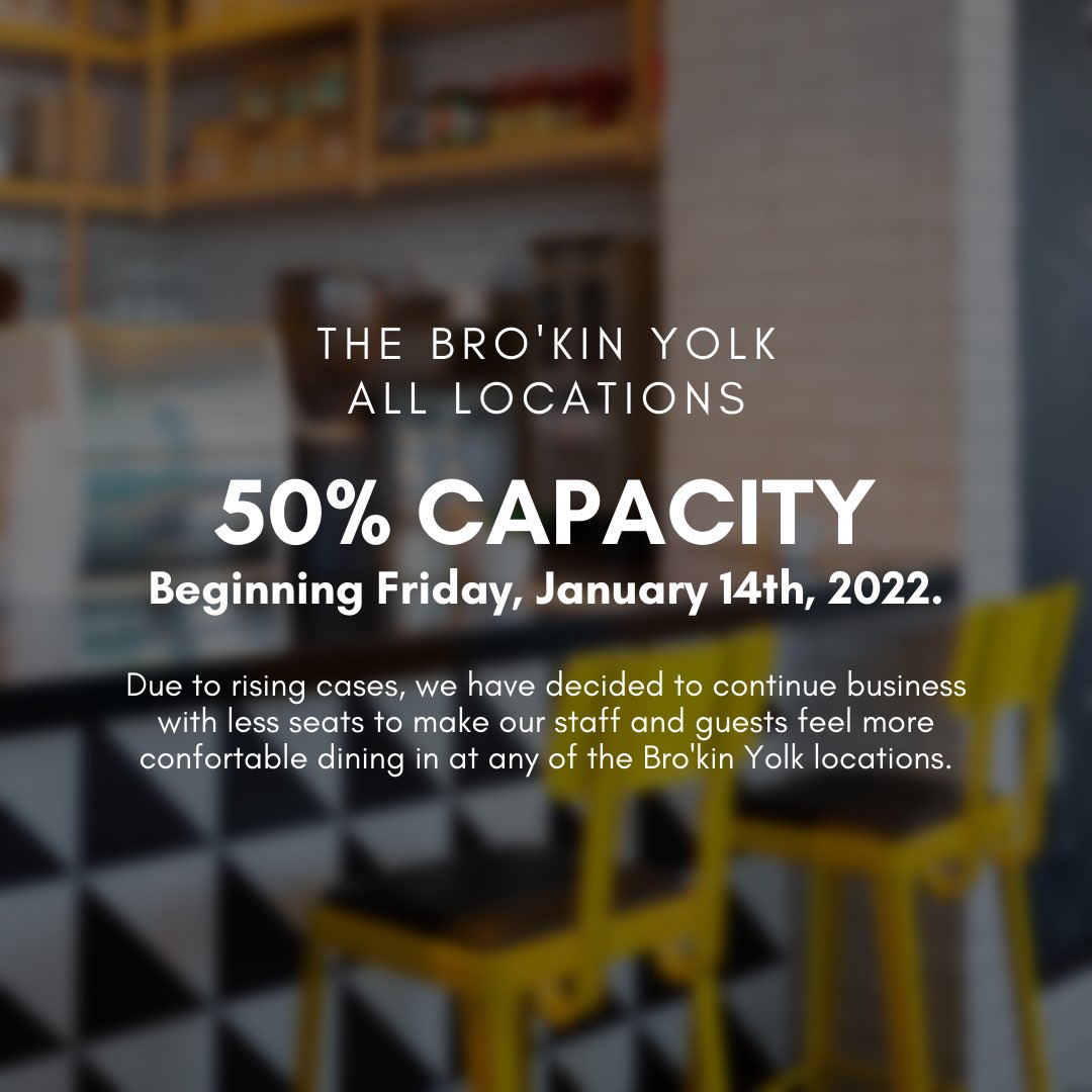 Effective immediately, all @brokinyolk locations in #YYC and #YEG will be running at 50% capacity. Please keep in mind due to less seats for dining-in, wait times may be longer, so use our handy waitlist system prior to coming in!

- The Bro'kin Yolk Management Team