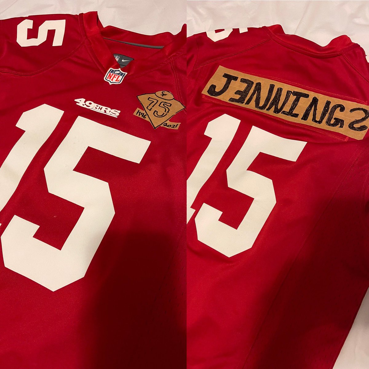 thebigtex915's tweet image. NFL Shop came through clutch! Got my Jauan Jennings jersey in before the weekend! 75th Anniversary patch is iron on but still π₯π₯π₯ #FTTB