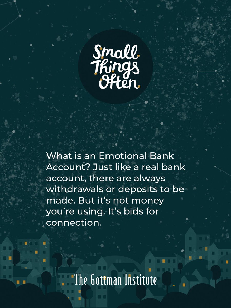 GottmanInst's tweet photo. Feeling disconnected from your partner? Your Emotional Bank Account might be in the red. On #SmallThingsOften, hear how to reverse that depleted account and get your relationship back on track: https://t.co/icf1UsmW7G https://t.co/d3ZUjQ9hTK
