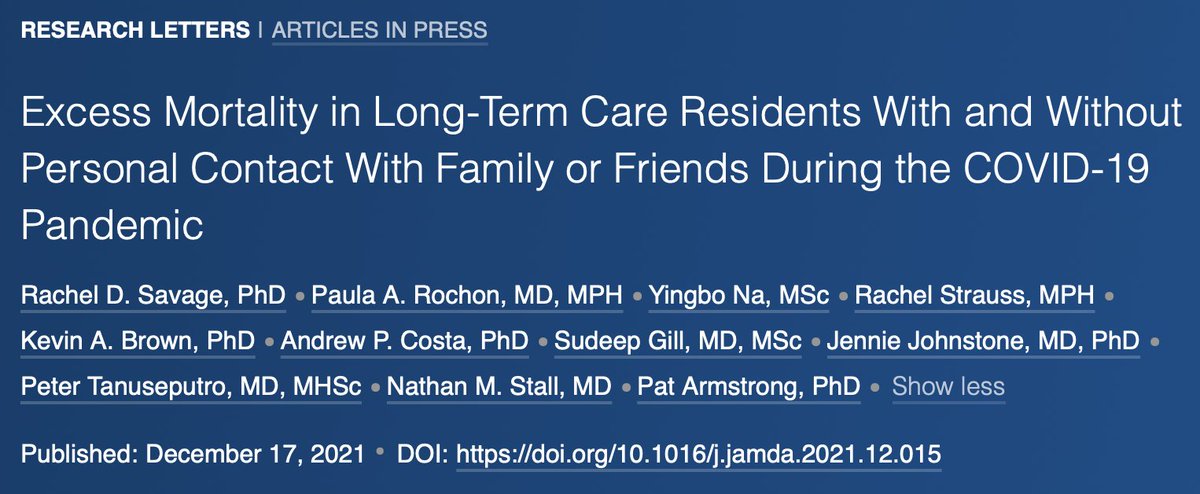 NathanStall's tweet photo. Our new @JAMDAcom study led by Drs. @savagera and Pat Armstrong reporting that #Ontario #LTC residents without family or friend contact experienced 35% greater excess mortality early in the #COVID19 pandemic.

Loneliness and social isolation can be deadly.
https://t.co/AFOWsvOs6U https://t.co/nwZoVhw6eU