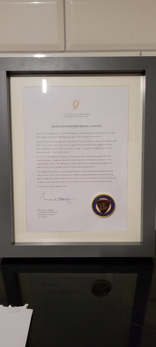 BilalMoran's tweet photo. I received my medal from #regionalhospitalmullingar and a letter from @PresidentIRL for working through #COVID19 and my buddy @timbcaycgi gave it a very simple but affective touch by framing medal and letter all in one. #fronlineworker #HealthcareHeroes https://t.co/aeCuIgCs1w