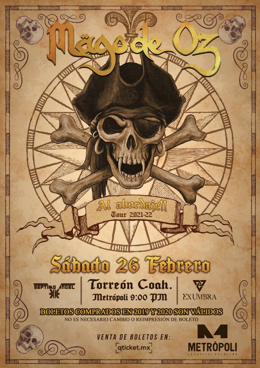 ¡Torreón! ¡Nos vemos el 26 de febrero, abriendo el concierto de Mägo de Oz!
Es un placer para nosotros formar parte de la gira «¡Al Abordaje!» de la banda más grande de Heavy Metal en español, <a href="/MAGODEOZOFIC/">MÄGO DE OZ OFICIAL</a>
🇪🇦🇲🇽🤘