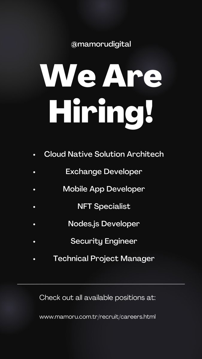 mamorudigital's tweet photo. WE ARE HIRING! 
Join the fast growing and leading global digital asset financial service group #mamorudigital!

Please check here more updates 👇🏻https://t.co/WBE2484rhA

#crypto #cryptocurrency #cryptojobs #hiring #hiringnow https://t.co/o6DtbD6Ofh