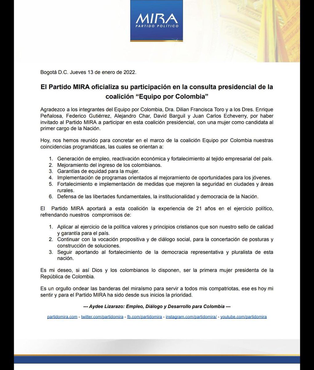 aydeelizarazoc's tweet photo. Hoy anunciamos oficialmente llegada del @PartidoMIRA a la coalición Equipo por Colombia:
Empleo, ingresos y reactivación.
Equidad para la mujer y oportunidades para los jóvenes.
Libertades, institucionalidad y democracia.
Con trabajo en territorios, ganaremos esta consulta. https://t.co/HDPyhIbtji