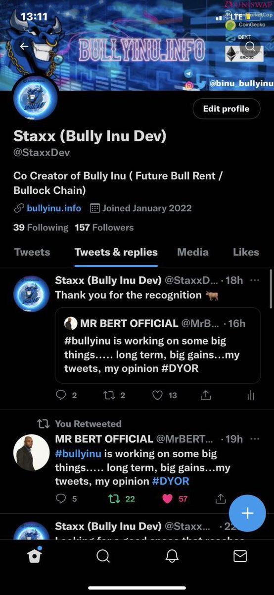 1CryptoGOAT's tweet photo. $BINU #BULLYINU @BINU_BULLYINU
๐ข๐ฅ๐จ๐ข๐ฅ๐จ๐ข๐ฅ๐จ
REAL ESTATE INVESTING + #cryptocurrecy
@StaxxDev Co Creator of Bully Inu ( Future Bull Rent / Bullock Chain)
๐๐๐MAKE SURE TO FOLLOW THIS MAN FOR THE LATEST UPDATES!!!
Chart๐: https://t.co/VwZMz2Gqt3 https://t.co/gQE3WydEGP