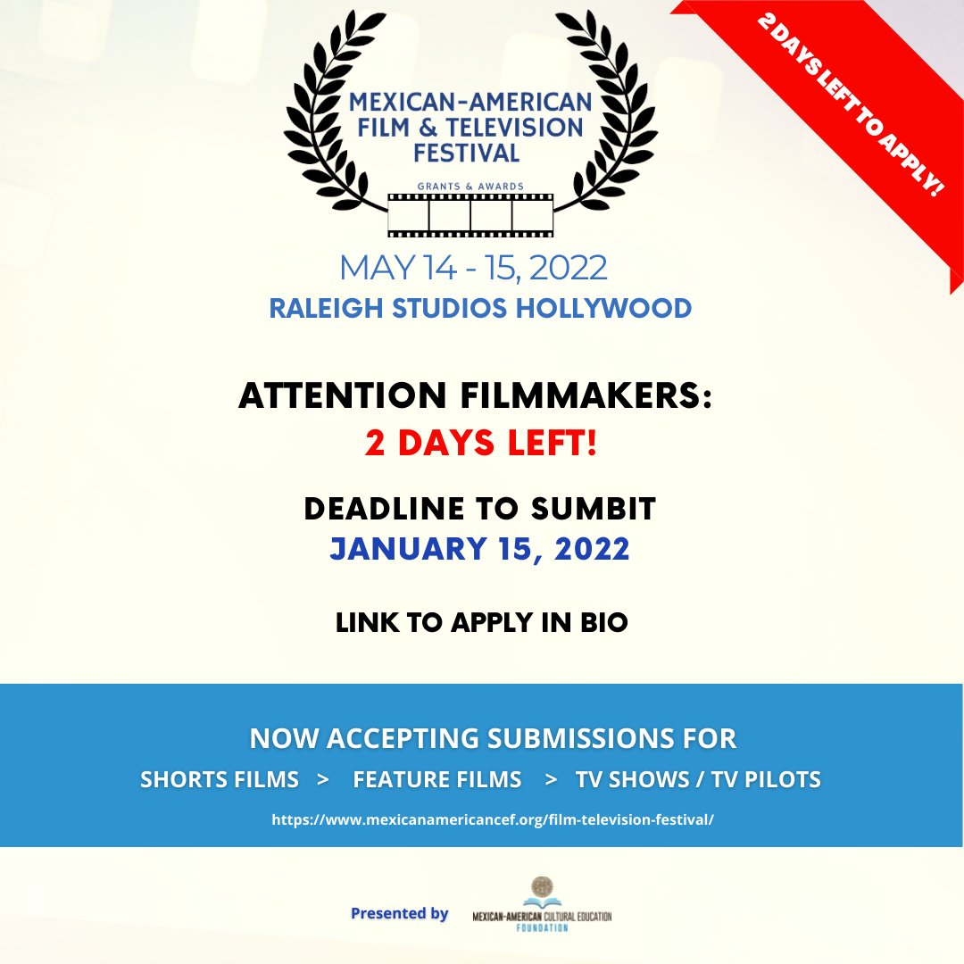 TRENDTalkShow's tweet photo. ⏰FILMMAKERS: TIME IS RUNNING OUT!

🎬 Get your chance to screen your film/TV project a the MACEF Film &amp; TV Festival. The deadline to apply is this SATURDAY, JANUARY 15, 2022. 

APPLY HERE: https://t.co/0lvxgOQhal https://t.co/2cqusifizB