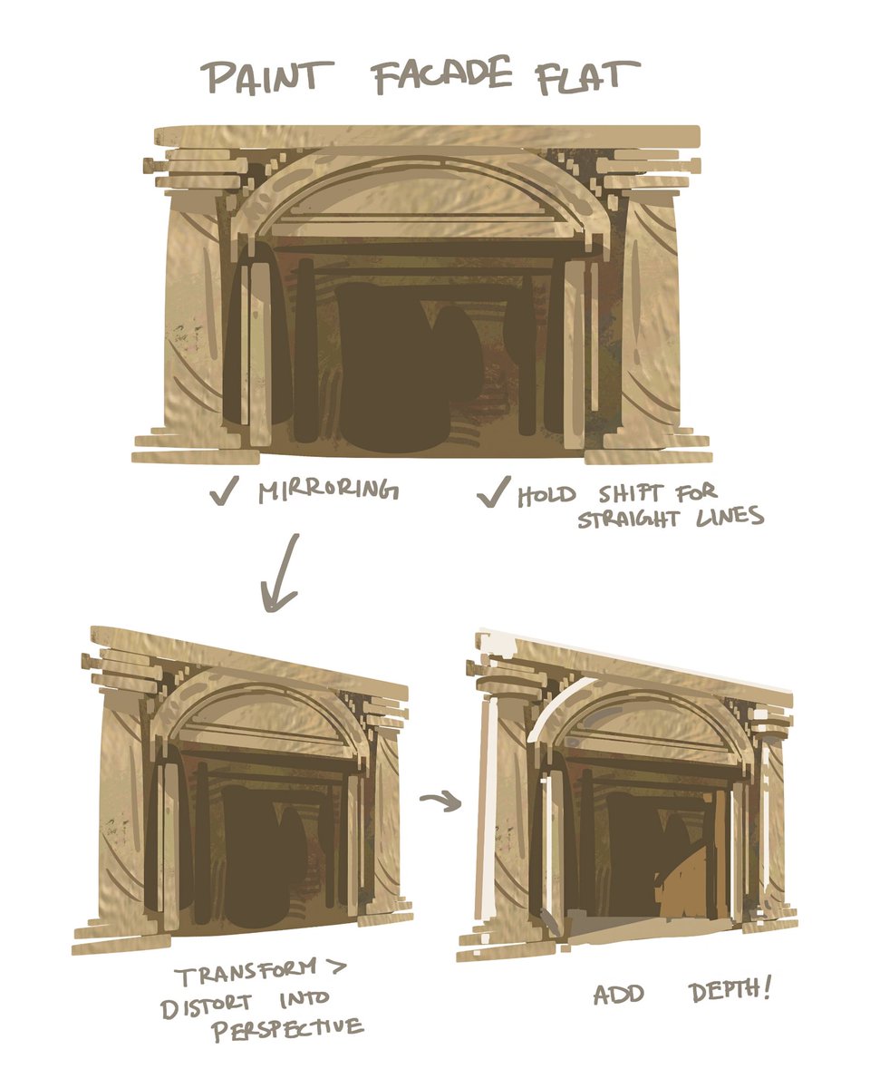 DevinElleKurtz's tweet photo. Painting architectural facades flat and then transforming them into perspective!! 
Huge time saver for rough design work! 

Here’s a very quick tutorial on what I mean: https://t.co/e4WDuKIEFz