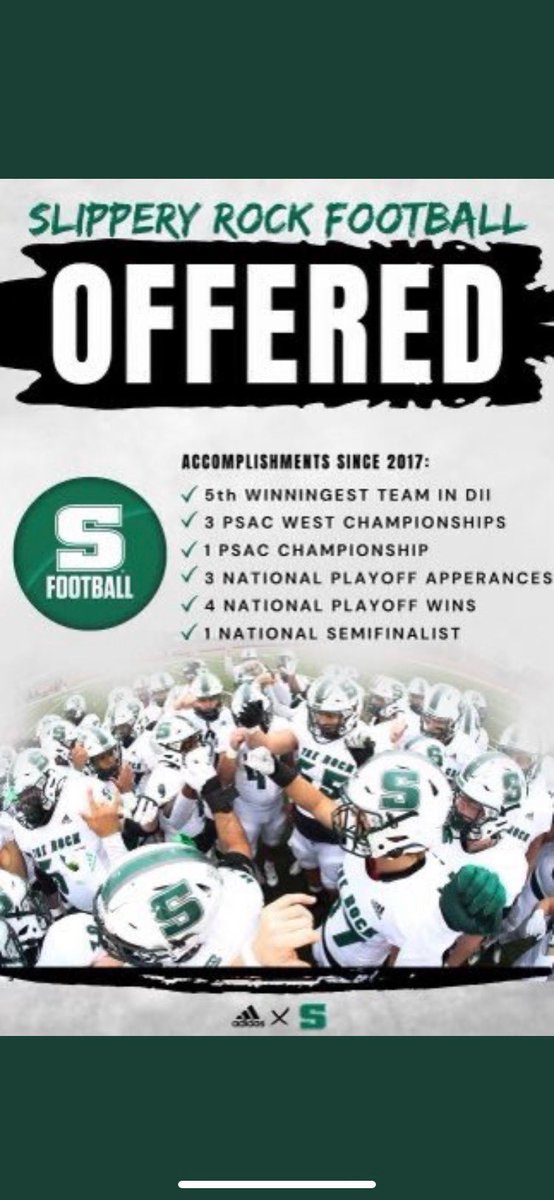 _corybutts's tweet photo. After a great visit today, I am excited to have earned a scholarship offer to Slippery Rock #relentless @lutzsru @kschmittASHS @coachdesicullen https://t.co/XRJnWa7795