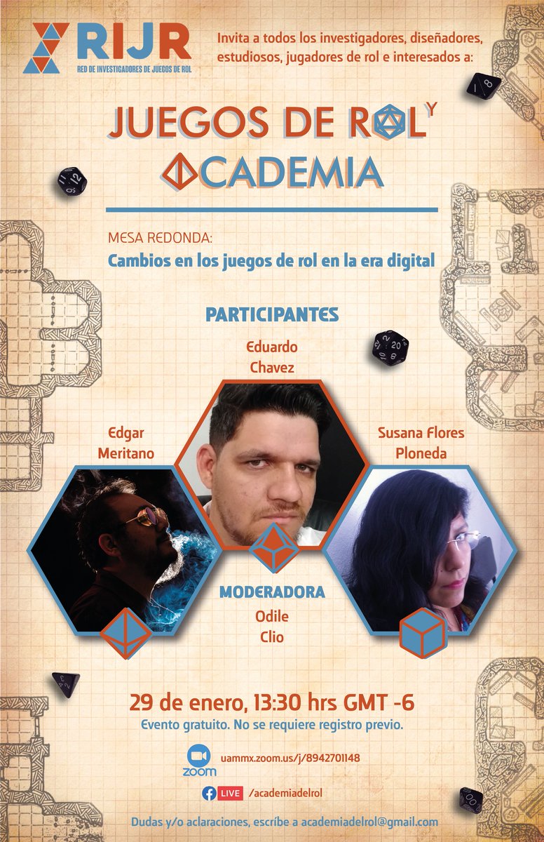 RIJRol's tweet photo. los invitamos a la primera charla del Ciclo de Mesas de Discusión sobre Juegos de Rol y Academia de este año. 
Los esperamos el sábado 29 de enero de 2022 a las 13:30 hrs (GMT-6). 
Está vez se hablará de los cambios en los juego de rol en la era digital. https://t.co/WpI2JtrYTw https://t.co/xUnzi9VZcq