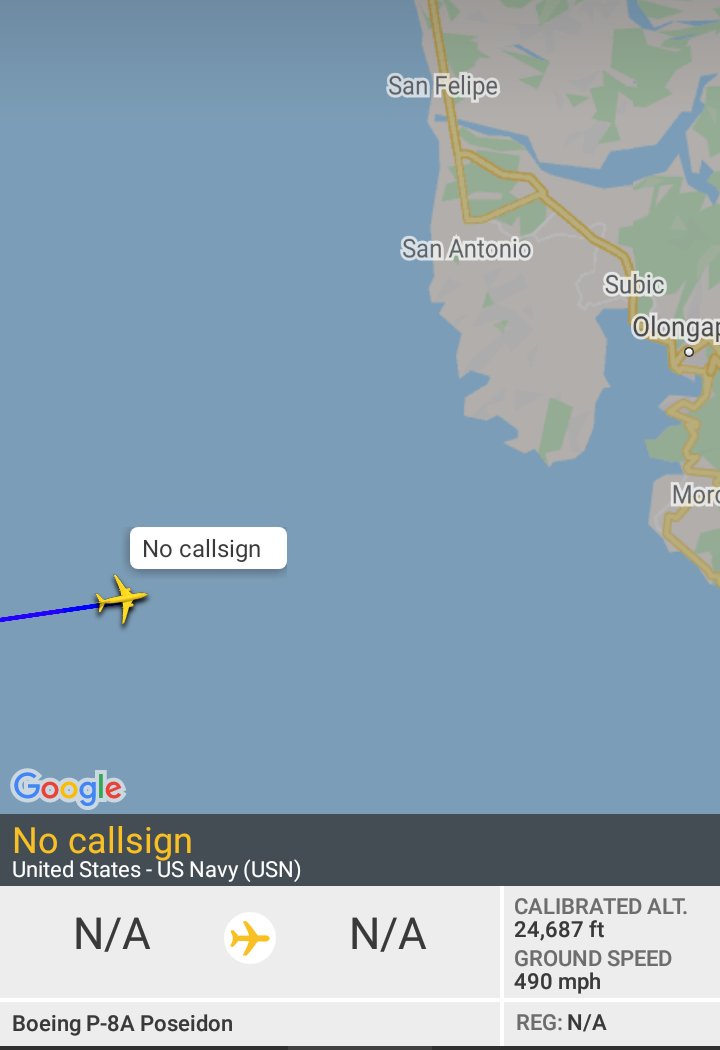 Oceanworldfree's tweet photo. ๐บ๐ฒUSN #AE67CB
#LuzonIsland's W. coast
#SubicBay
#SouthChinaSea
Boeing P-8A Poseidon https://t.co/DEDkl0x9W8