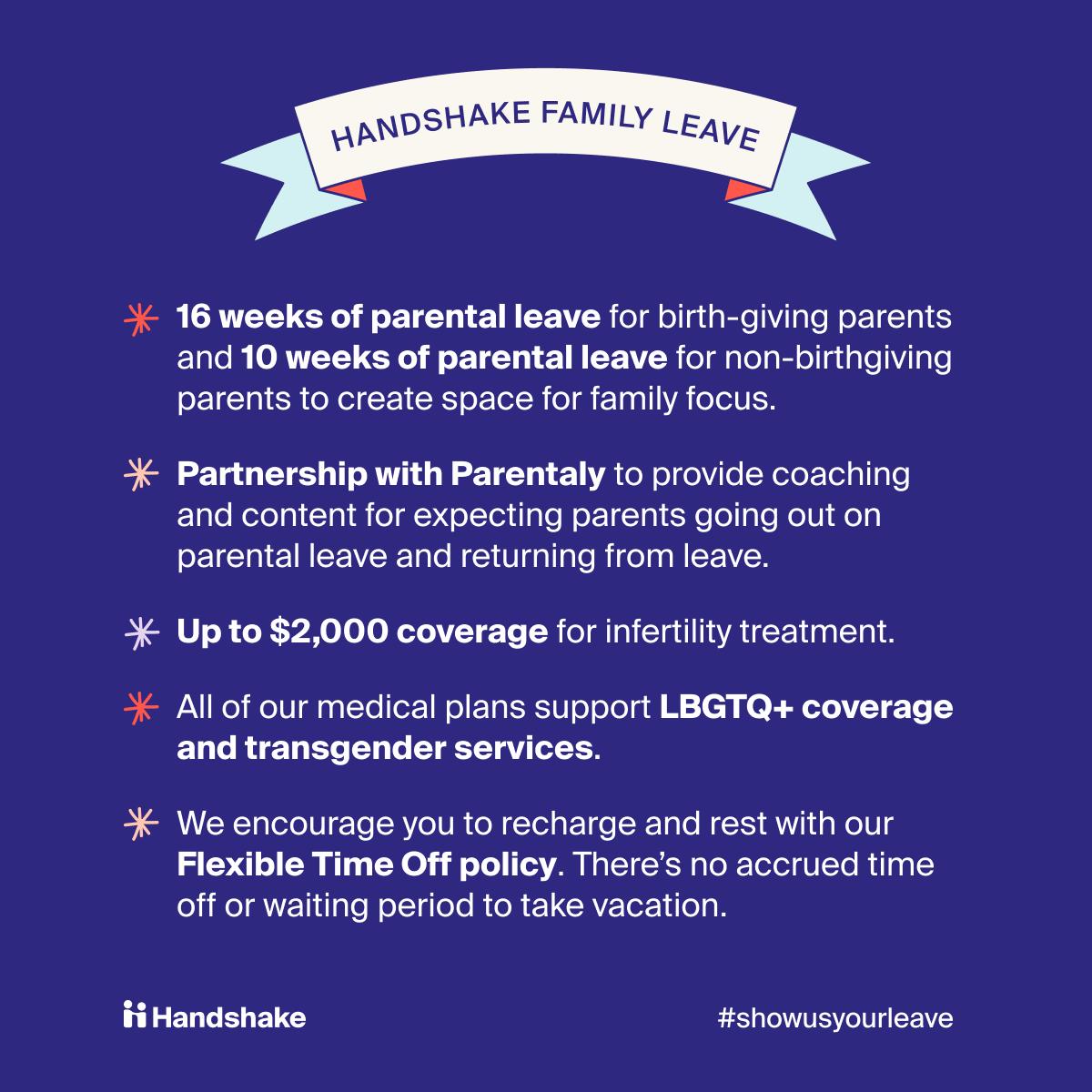 joinHandshake's tweet photo. We understand that being a parent is a job, and a tough (yet rewarding!) one at that.
That’s why we've partnered with our Parents ERG to ensure our #parentleave benefits are transparent and supportive.
Thank you @theskimm for inspiring us with the #ShowUsYourLeave campaign! https://t.co/Yz7WFJl1Pu