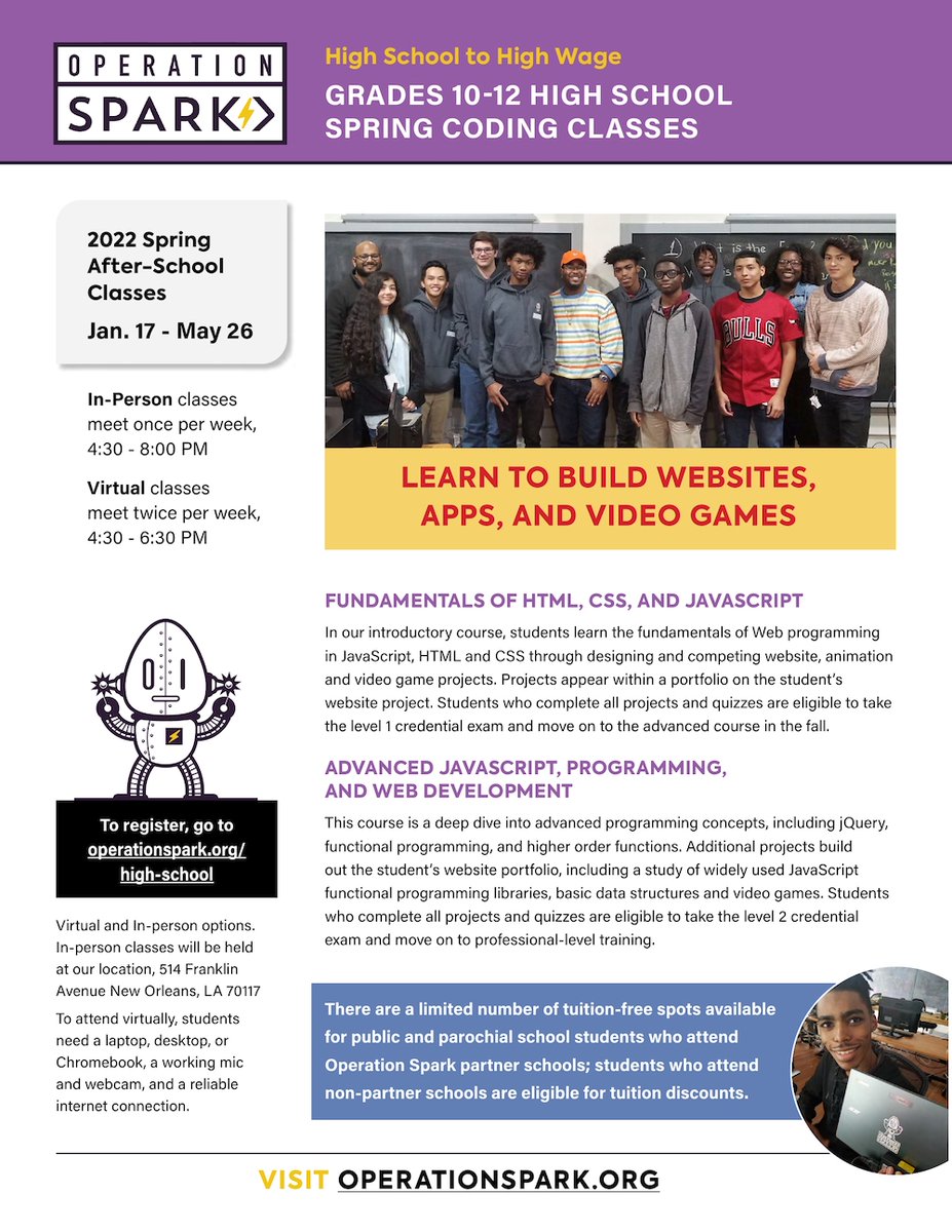 The deadline to register for our Spring 2022 H.S. Coding Program is January 14. Sign up and learn how to build mobile apps, websites, and video games.
operationspark.org/high-school

#nolaed #NolaTech #NolaSTEM #nolaschools #nolastudents #nolafamily #nolakids #LaEd #SiliconBayou #coding