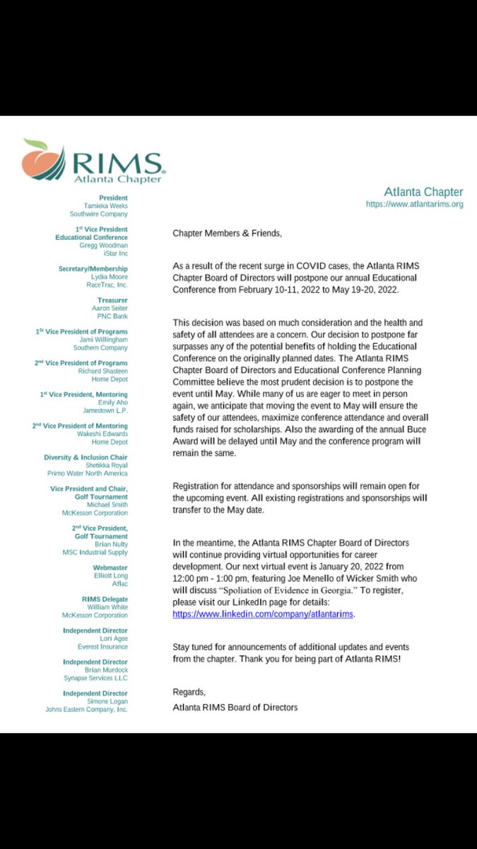 AtlantaRims's tweet photo. Update: The Atlanta RIMS Educational Conference has been postponed from February 10-11 to May 19-20 due to the recent surge in COVID cases. Please see attached announcement for more details. #AtlantaRIMS #RIMS #riskmanagement https://t.co/AEYP7w2ysX