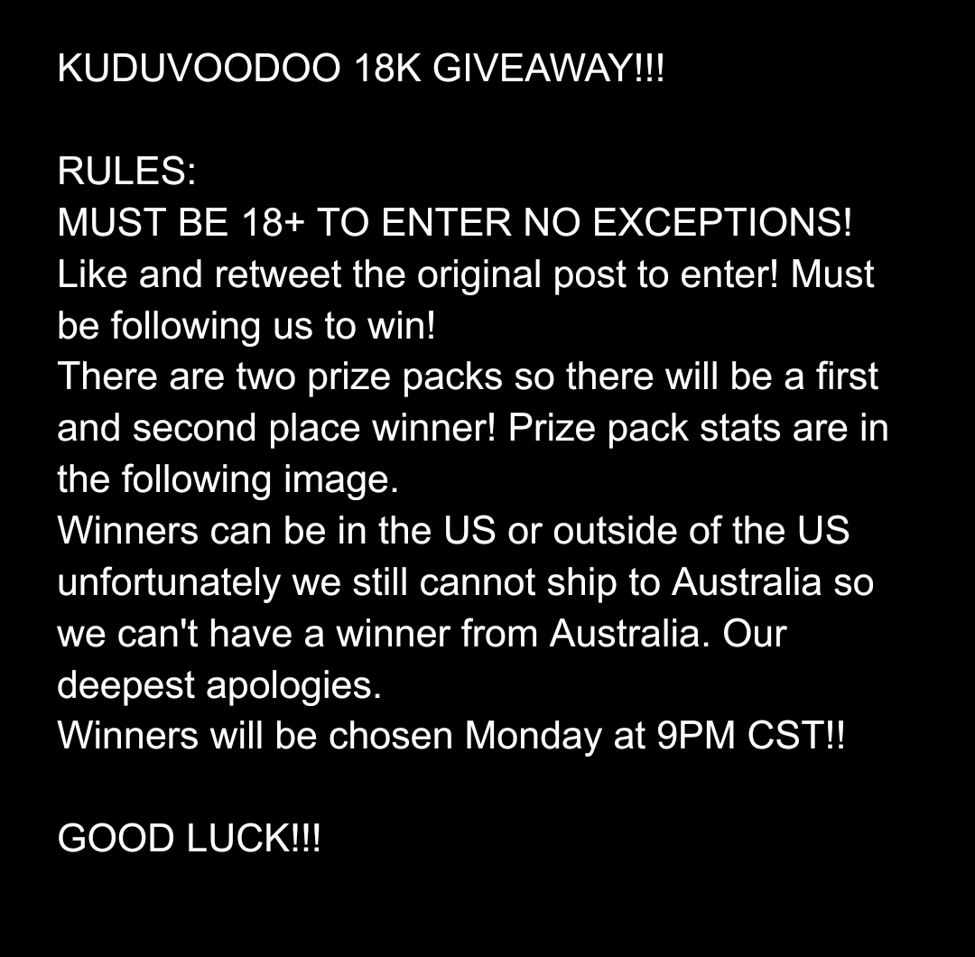 Kudu_Voodoo's tweet photo. Alright y'all ITS GIVEAWAY TIME!! Rules and info below! Winners will be chosen Monday at 9PM CST! Like and retweet to enter! Must be following us to win! 🤩❤️ Thank you for 18k followers!!!! 
#sextoy #giveaway #fetish #dildo #silicone #fantasydildo https://t.co/aNsIpVO7I0