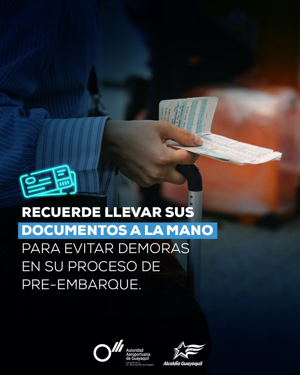 Aeropuerto_AAG's tweet photo. ☑️ Para evitar demoras o inconvenientes en tu proceso de pre-embarque te recomendamos llevar tus documentos a la mano.
#AeropuertoGye #Airport #Ecuador #preembarque #procesos https://t.co/DGLriPi564