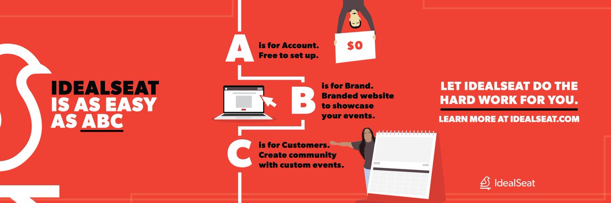 IdealSeat's tweet photo. Creating an account with IdealSeat is as simple as ABC. No setup fees, no monthly minimums, and free events are free. Check us out at https://t.co/rwDWTiWVRx. #ticketing #events #eventorganizing https://t.co/EvHM1Akqvy