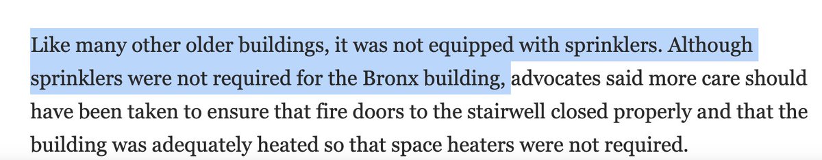 ericuman's tweet photo. So the Bronx building that burned had no sprinklers.

NYC once moved to require that older buildings get them.

The push died.

Developers killed it.

You know which developer led the fight and called a dozen city council members?  
 
Donald Trump.

https://t.co/SV5Qj3YadM https://t.co/dwEe96WP8p