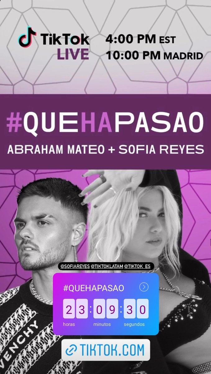 📢 Mañana a las 17:00 hora Bolivia <a href="/AbrahamMateo/">Abraham Mateo</a> estará en live a través de su cuenta de TikTok junto a <a href="/sofiareyes/">Sofía Reyes</a> , atentos! 👇
tiktok.com/@abrahammateo?…