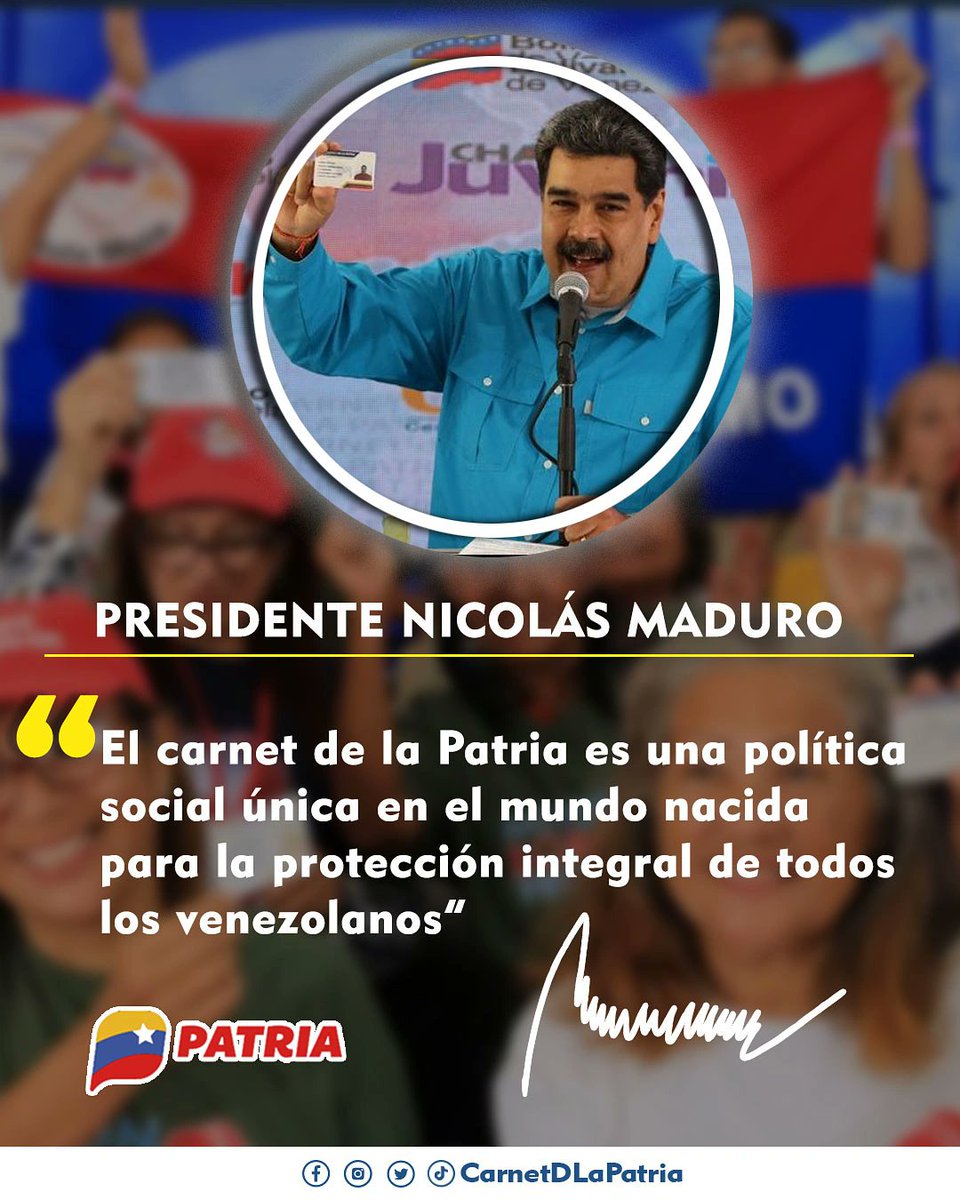 #LODIJO nuestro Presidente @NicolasMaduro… “El carnet de la Patria es una política social, única en el mundo, nacida para la protección integral de todos los venezolanos'... #SistemaPatria #PuebloEnUnidadPatriótica #13Ene