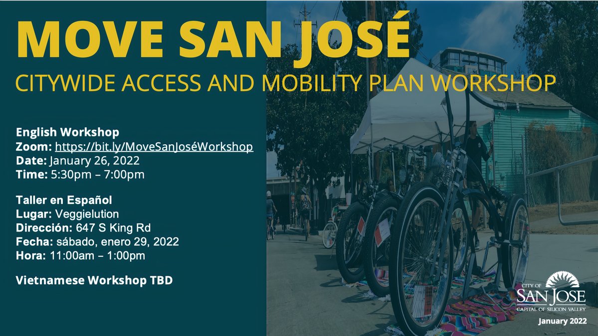 SanJoseDOT's tweet photo. ¡Te invitamos a un taller virtual sobre el Plan Move San José que se llevará a cabo el miércoles 26 de enero de las 5:30 a las 7 p.m.! Cuéntenos cómo podemos mejorar el acceso al transporte público en San José. Regístrate en https://t.co/dYYm9AcMAu. https://t.co/wPY9ZHDTuI