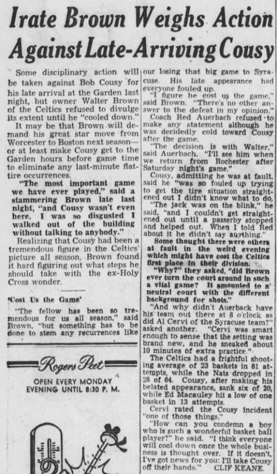 Bob Cousy late to game after a flat tire. 

(Mar 13, 1952) https://t.co/Wqg4X8ml9y