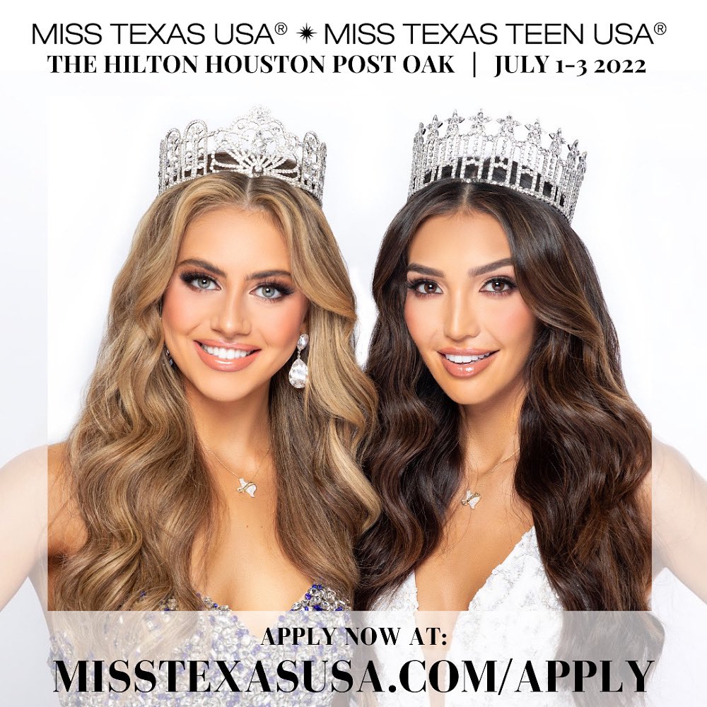 Wondering what's happening in Texas?
We are excited to announce the Miss Texas USA &amp; Miss Texas Teen USA 2022 pageant will be held at the Hilton Houston Post Oak, in Houston Texas on July 1st-3rd, 2022. 
You can apply now at MissTexasUSA.com/apply or go to the link in our bio!